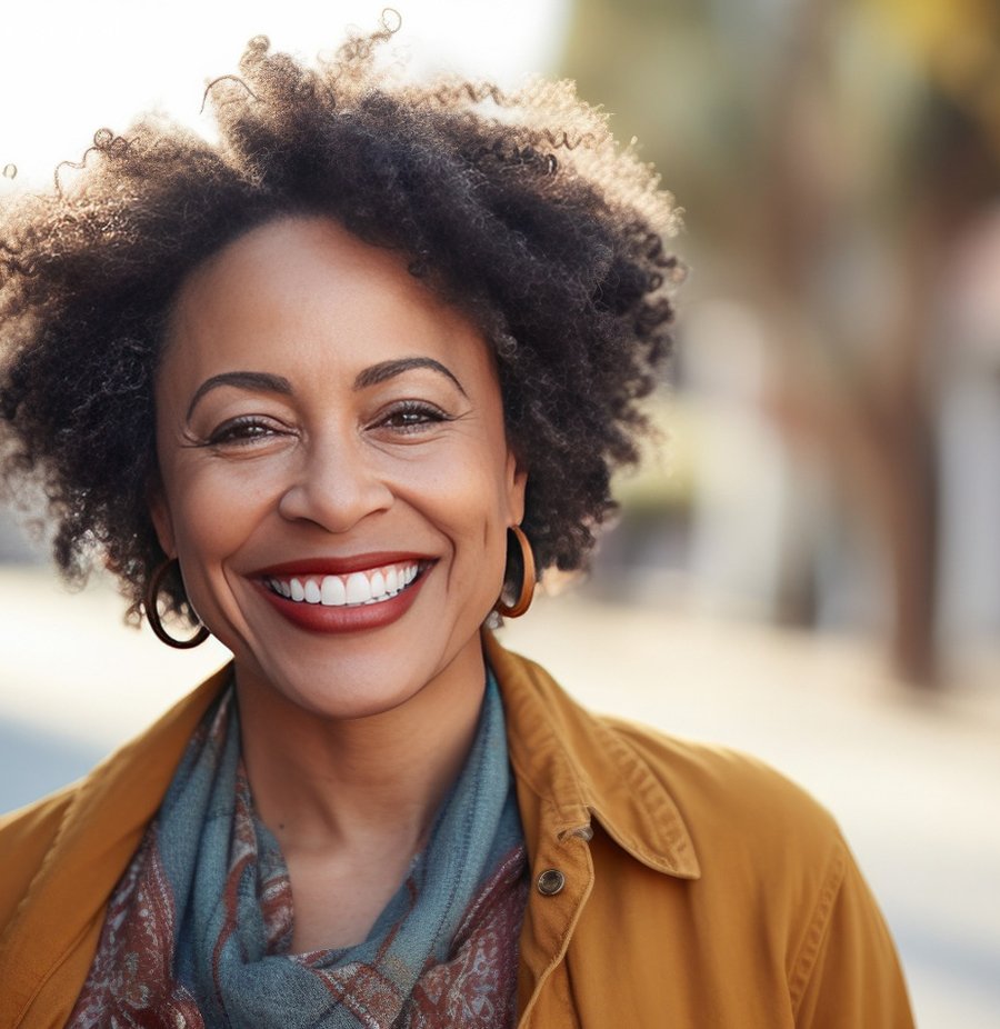 Smiling, confident middle-aged woman with perfect teeth