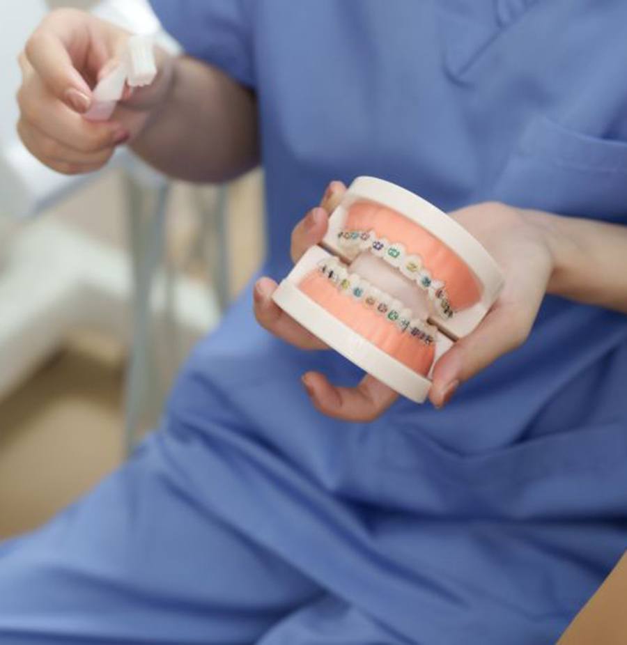Dental team member holding model with braces